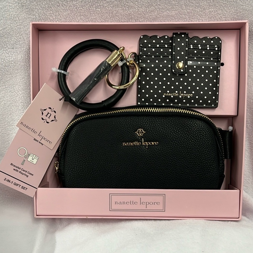 Nanette Lepore Gift Set Black Belt Bag + Key Card Holder w/Gift Box - NIB
